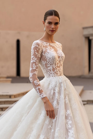 Glamorous Ivory A-Line Appliqued Long Sleeve Wedding Dress With Chapel Train